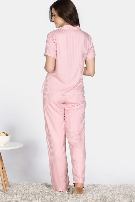 Zivame Sugar Stripes Woven Pyjama Set - Coral Blush — image 4